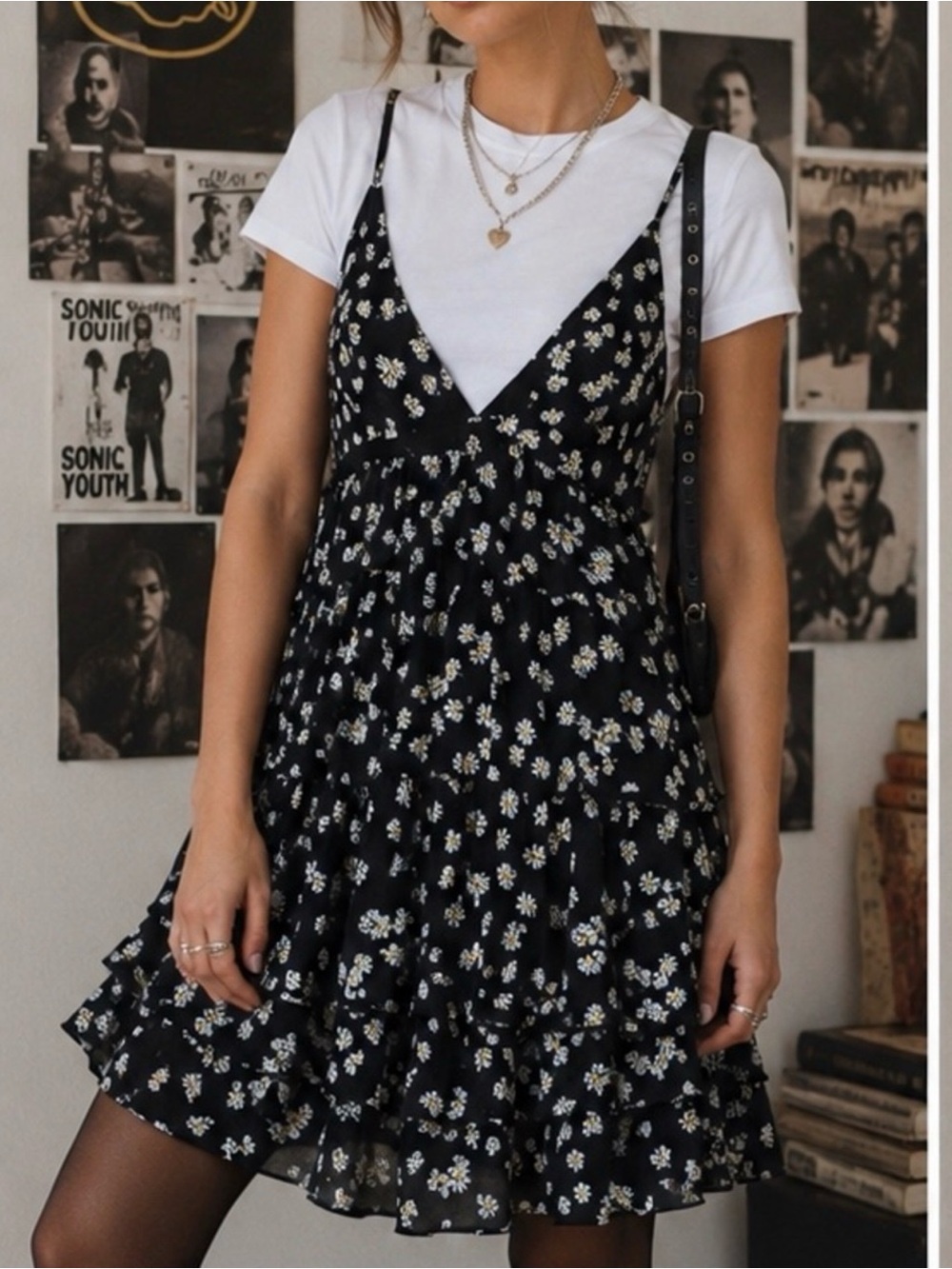 GAP Black Ditsy Floral Tiered Slip Dress XL Daisy 🌼